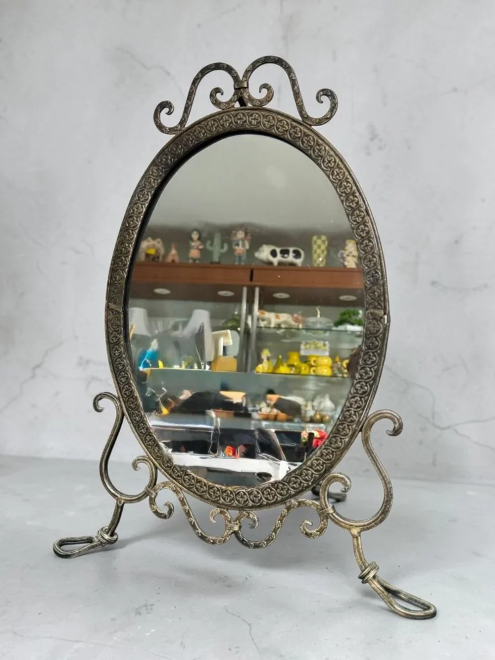 Vintage Ornate Oval Vanity Mirror With Cast Metal Frame & Decorative Stand